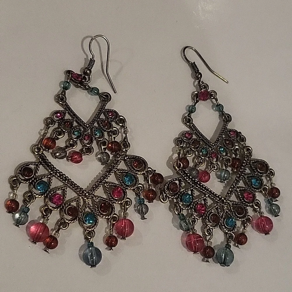 VINTAGE 2000s Indian Multicolor Dangle Rhinestone‎ Chandelier Fashion Earrings